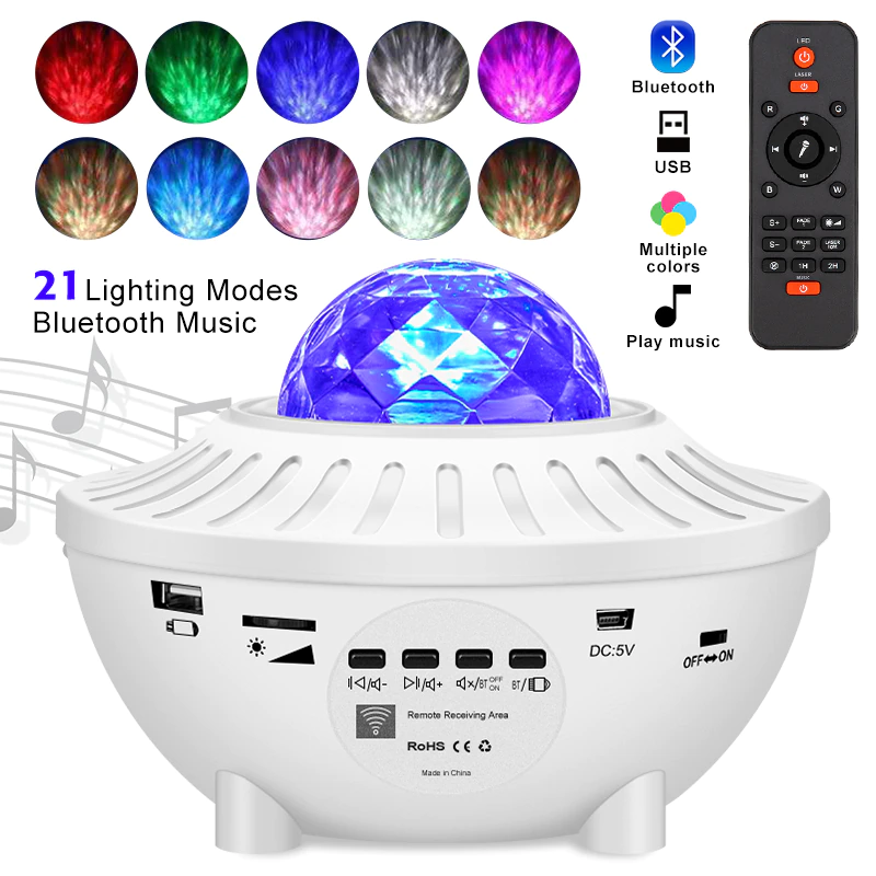 Galaxy Star Projector – Bluetooth Speaker Night Light with Remote, 21 Color Modes